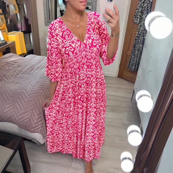V-neck waist wrap long dress
