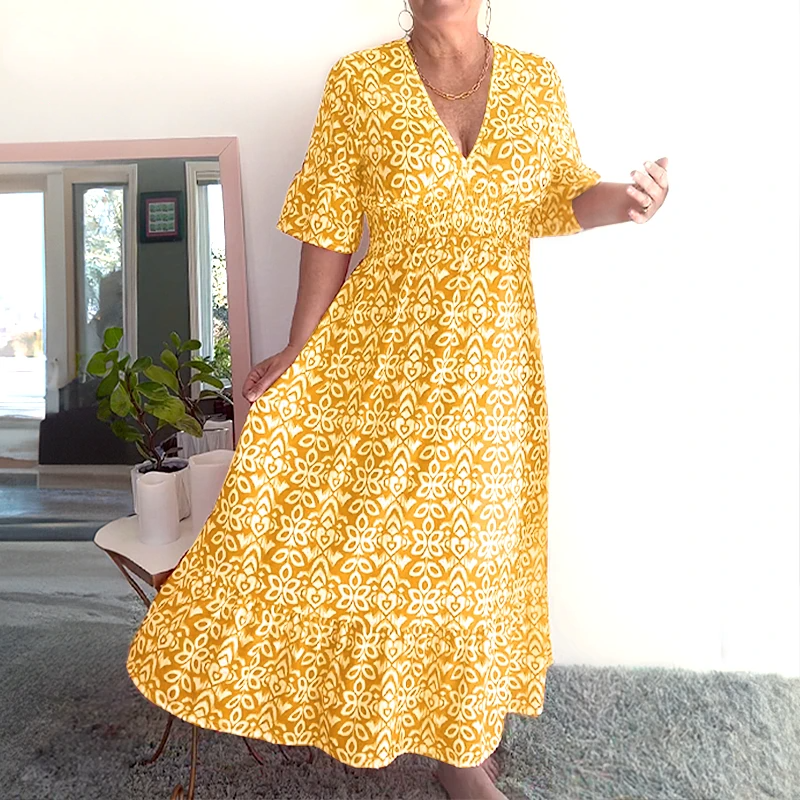 V-neck waist wrap long dress
