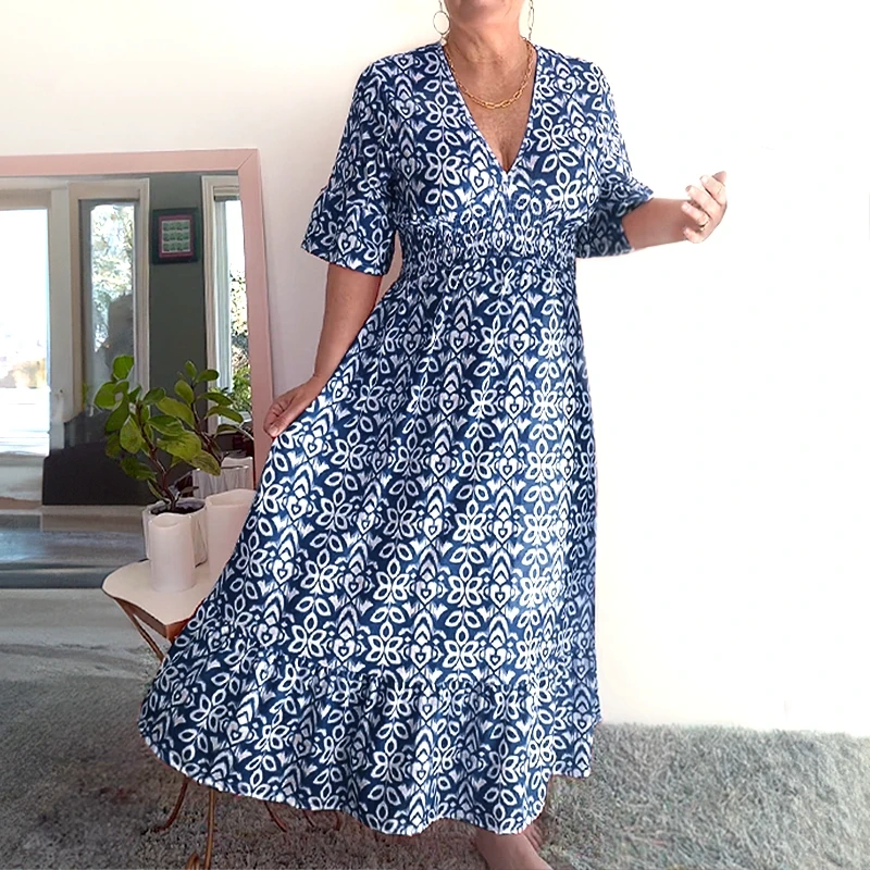 V-neck waist wrap long dress