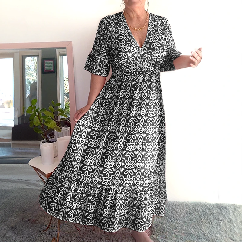 V-neck waist wrap long dress