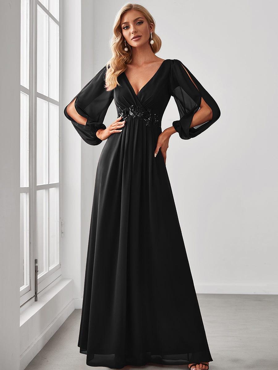 ever AMOUR|Robe de Soiree Longue Elegante Avec Lanterne en V Profond a Manches Fendues et Appliques