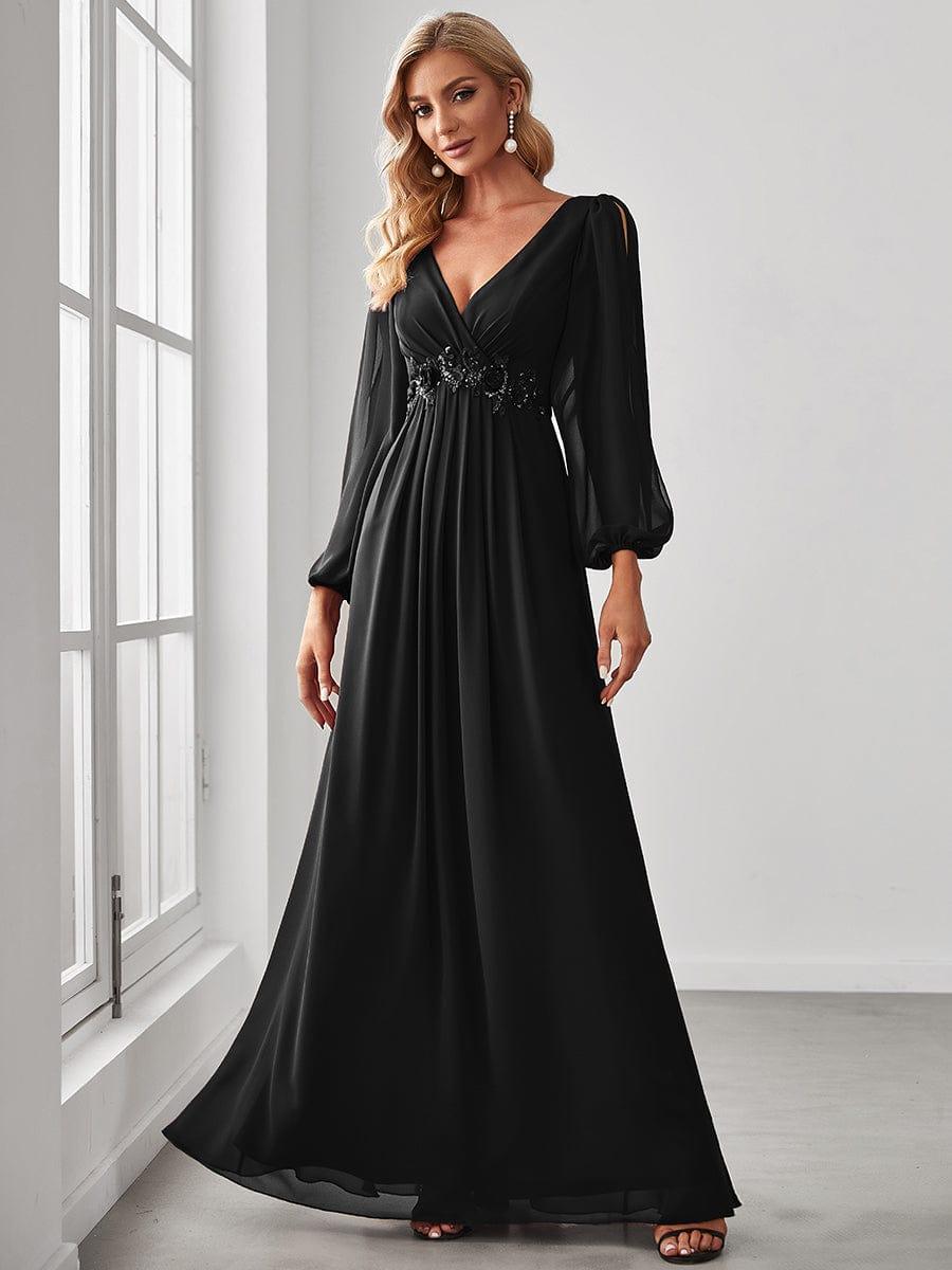 ever AMOUR|Robe de Soiree Longue Elegante Avec Lanterne en V Profond a Manches Fendues et Appliques