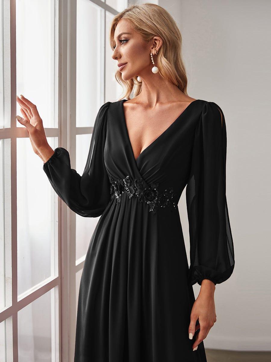 ever AMOUR|Robe de Soiree Longue Elegante Avec Lanterne en V Profond a Manches Fendues et Appliques