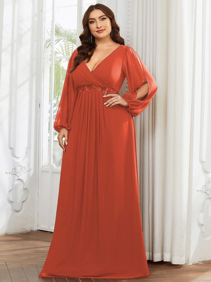 ever AMOUR|Robe de Soiree Longue Elegante Avec Lanterne en V Profond a Manches Fendues et Appliques