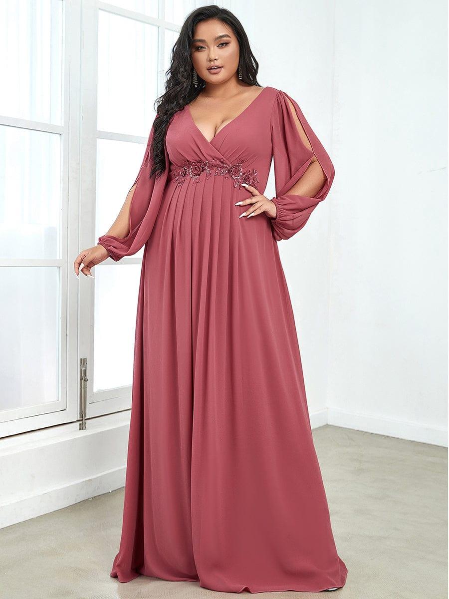 ever AMOUR|Robe de Soiree Longue Elegante Avec Lanterne en V Profond a Manches Fendues et Appliques
