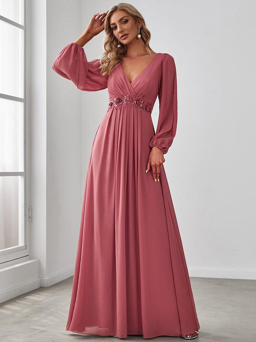 ever AMOUR|Robe de Soiree Longue Elegante Avec Lanterne en V Profond a Manches Fendues et Appliques