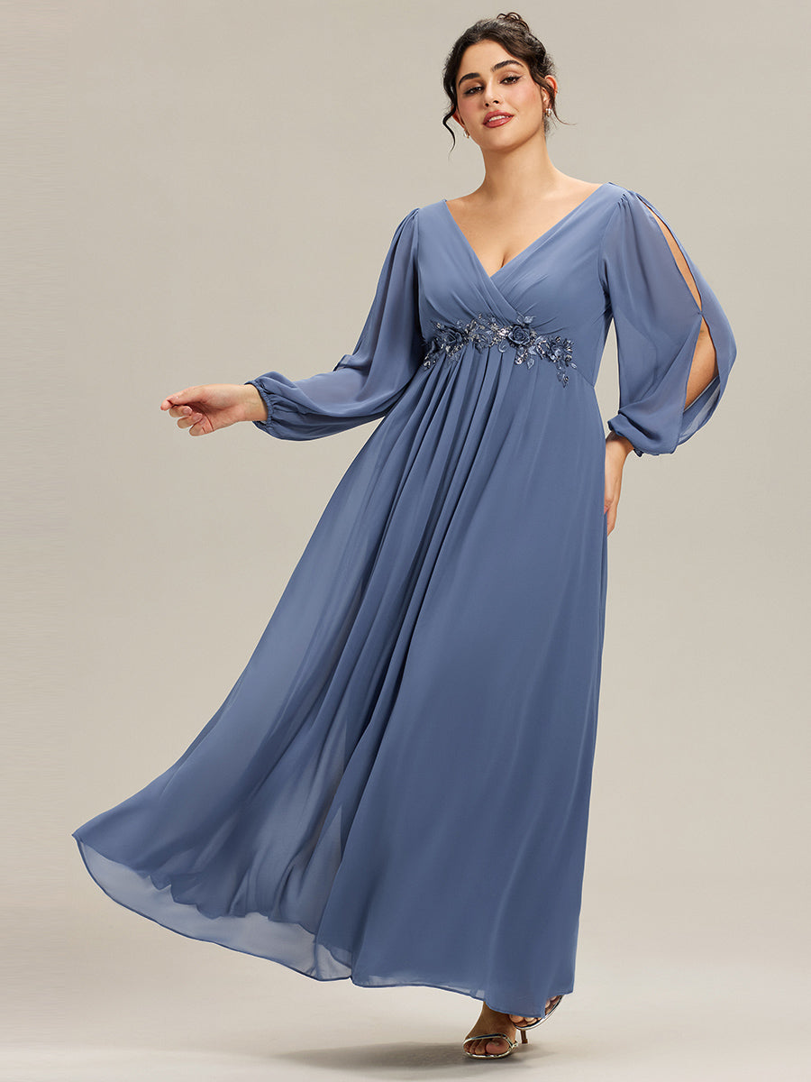 ever AMOUR|Robe de Soiree Longue Elegante Avec Lanterne en V Profond a Manches Fendues et Appliques
