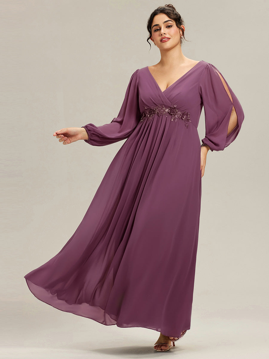 ever AMOUR|Robe de Soiree Longue Elegante Avec Lanterne en V Profond a Manches Fendues et Appliques
