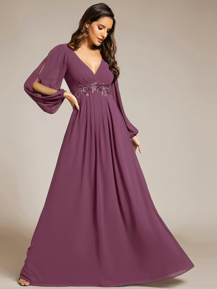 ever AMOUR|Robe de Soiree Longue Elegante Avec Lanterne en V Profond a Manches Fendues et Appliques