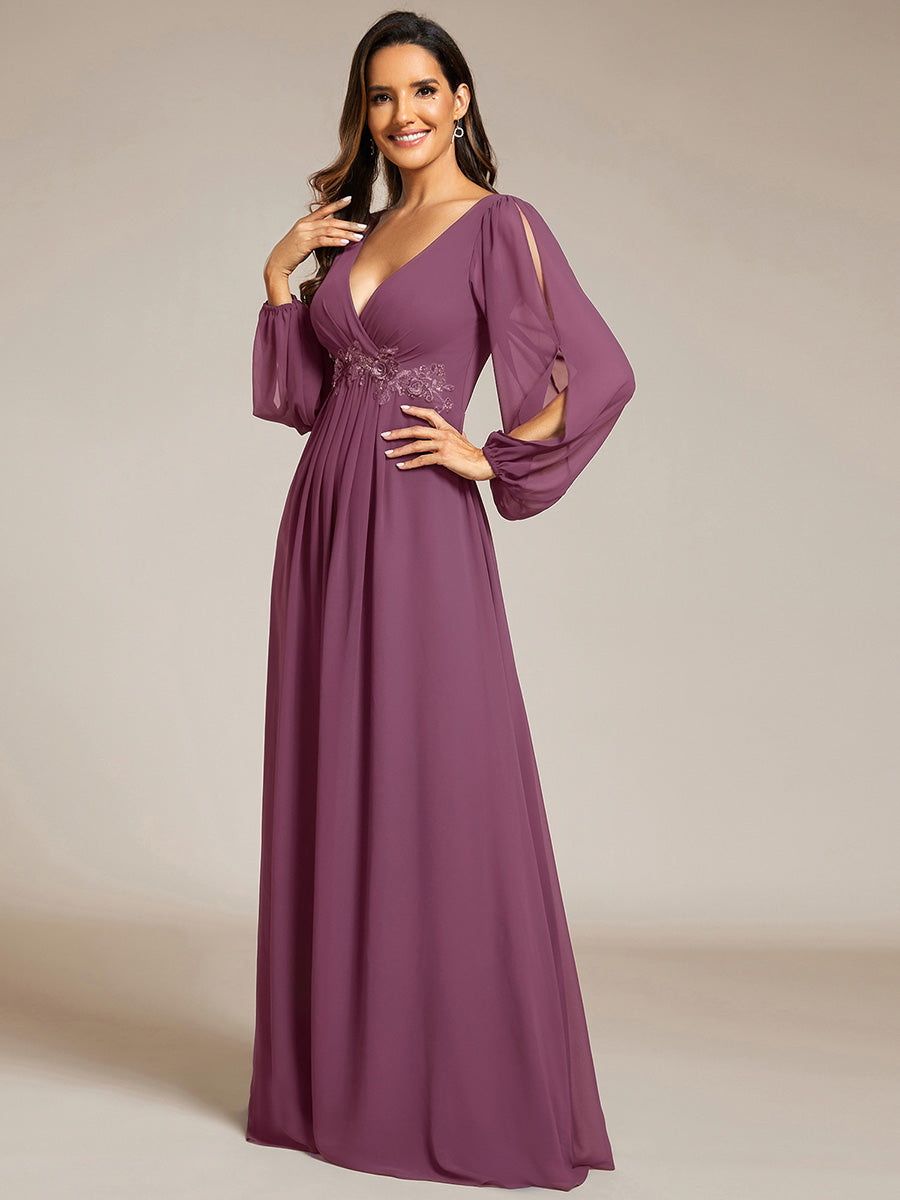ever AMOUR|Robe de Soiree Longue Elegante Avec Lanterne en V Profond a Manches Fendues et Appliques