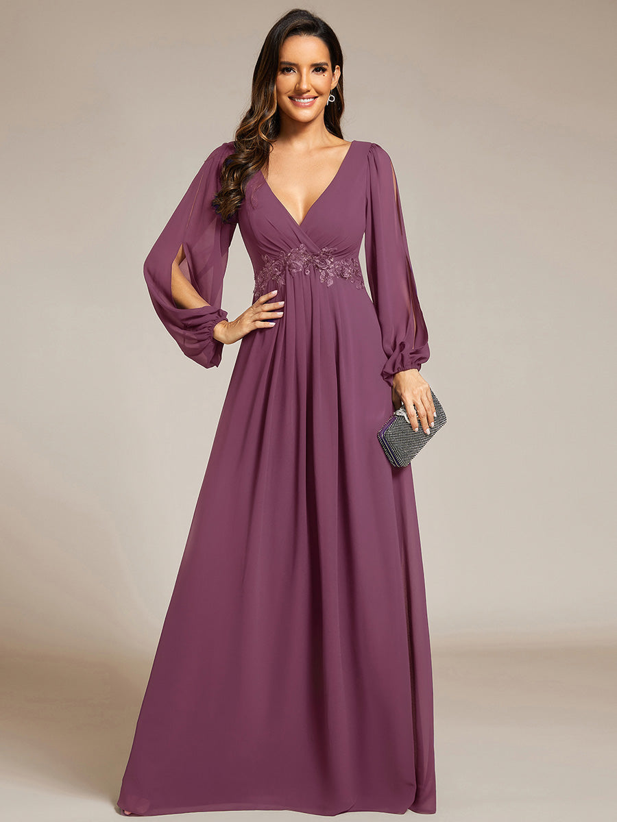 ever AMOUR|Robe de Soiree Longue Elegante Avec Lanterne en V Profond a Manches Fendues et Appliques