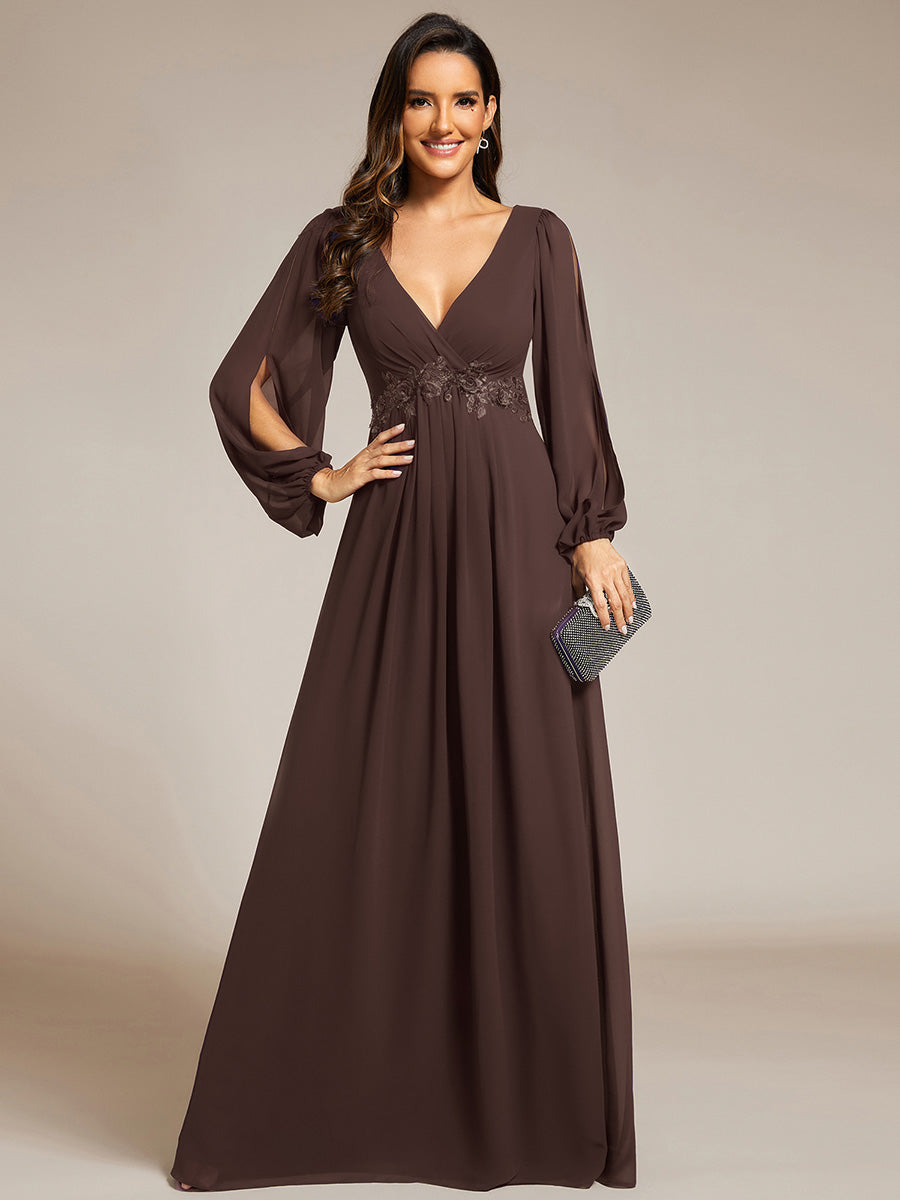 ever AMOUR|Robe de Soiree Longue Elegante Avec Lanterne en V Profond a Manches Fendues et Appliques