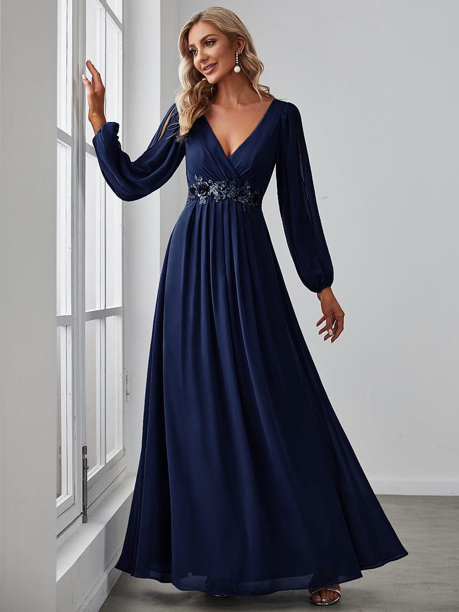 ever AMOUR|Robe de Soiree Longue Elegante Avec Lanterne en V Profond a Manches Fendues et Appliques