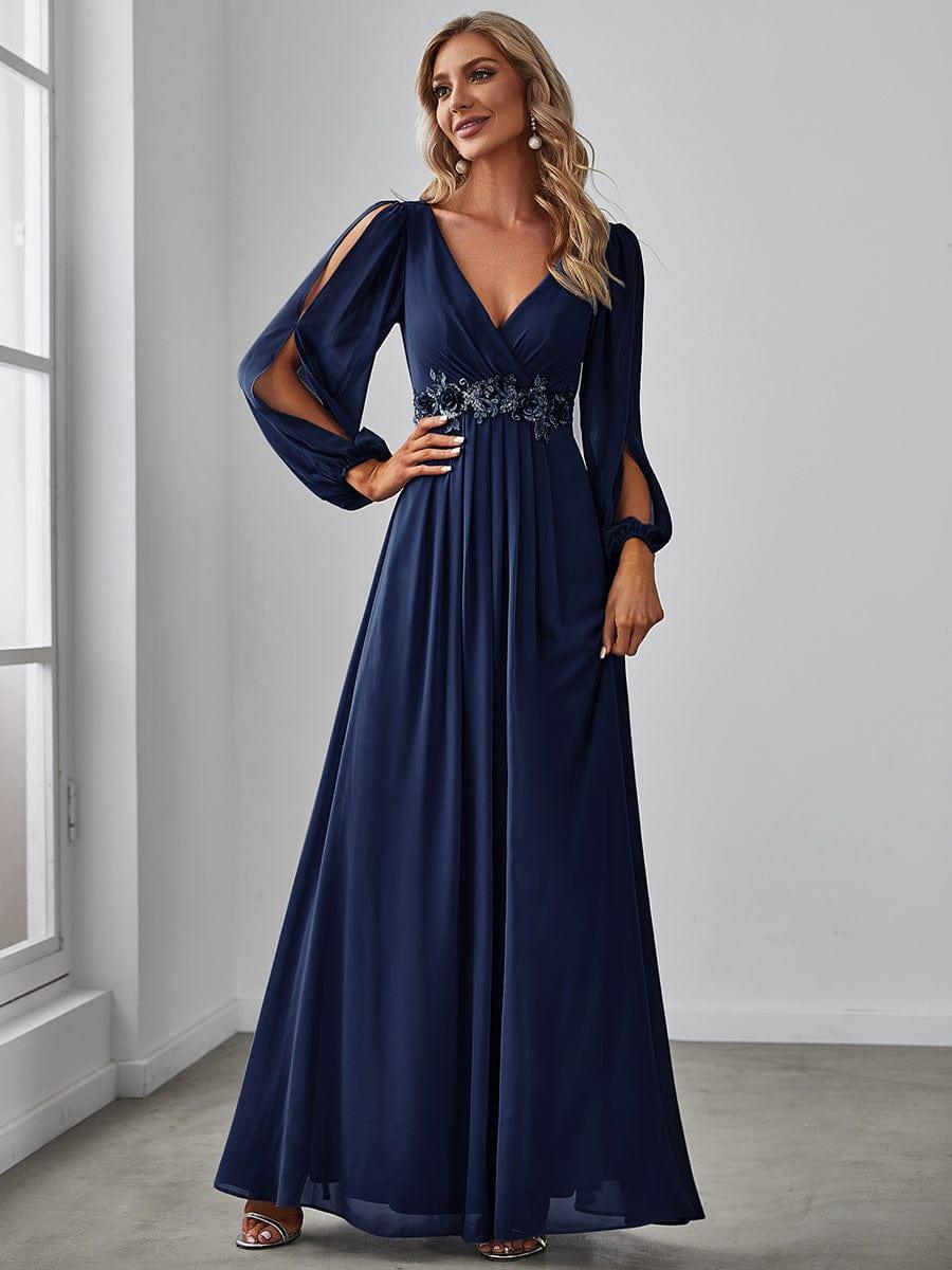 ever AMOUR|Robe de Soiree Longue Elegante Avec Lanterne en V Profond a Manches Fendues et Appliques