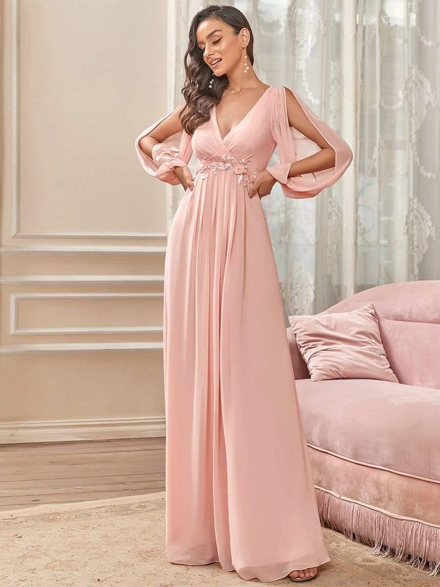 ever AMOUR|Robe de Soiree Longue Elegante Avec Lanterne en V Profond a Manches Fendues et Appliques