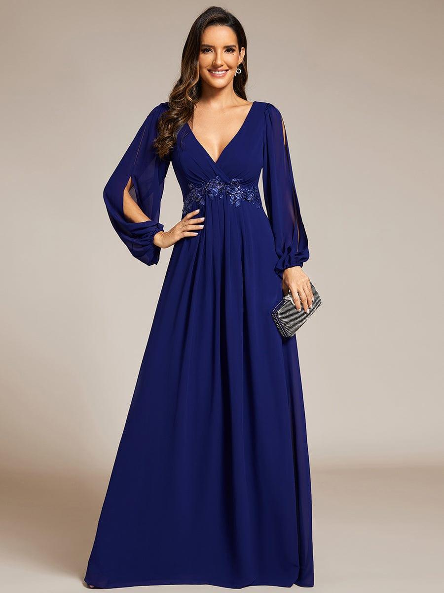 ever AMOUR|Robe de Soiree Longue Elegante Avec Lanterne en V Profond a Manches Fendues et Appliques