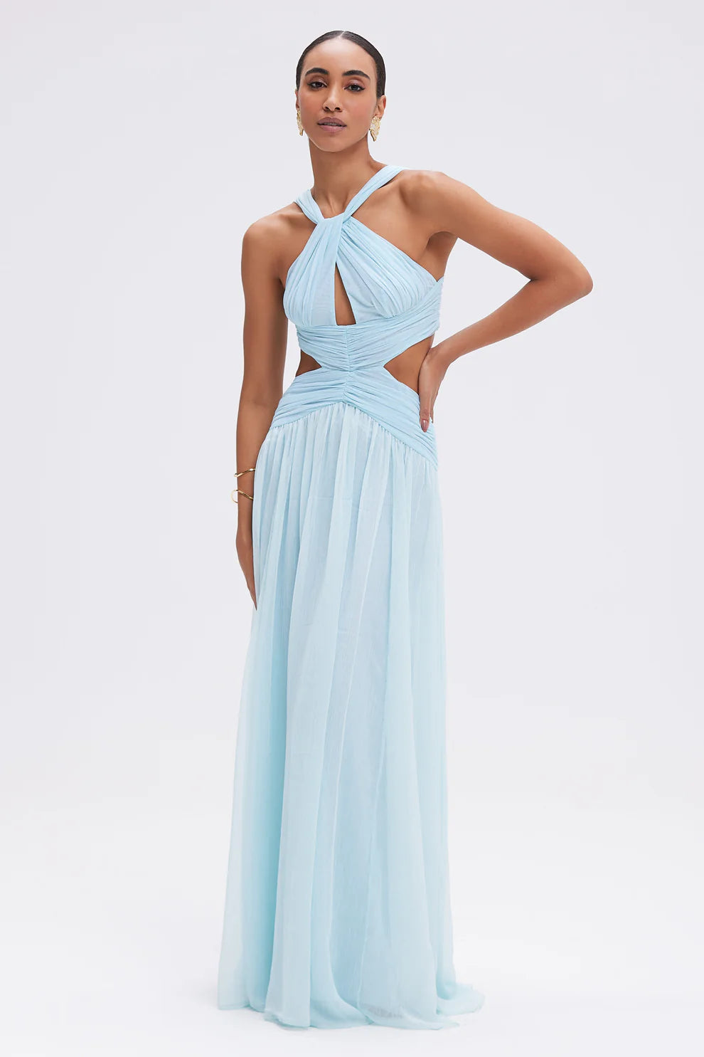 Elegant Halter Twist Front Cutout Pleated Maxi Dress