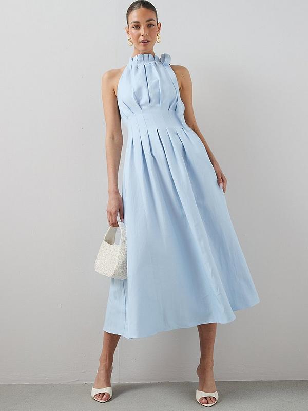 High Neck Pleat Detail Sleeveless Midaxi Dress - Blue