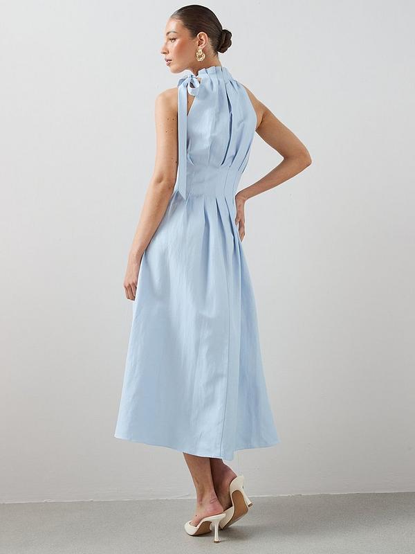 High Neck Pleat Detail Sleeveless Midaxi Dress - Blue