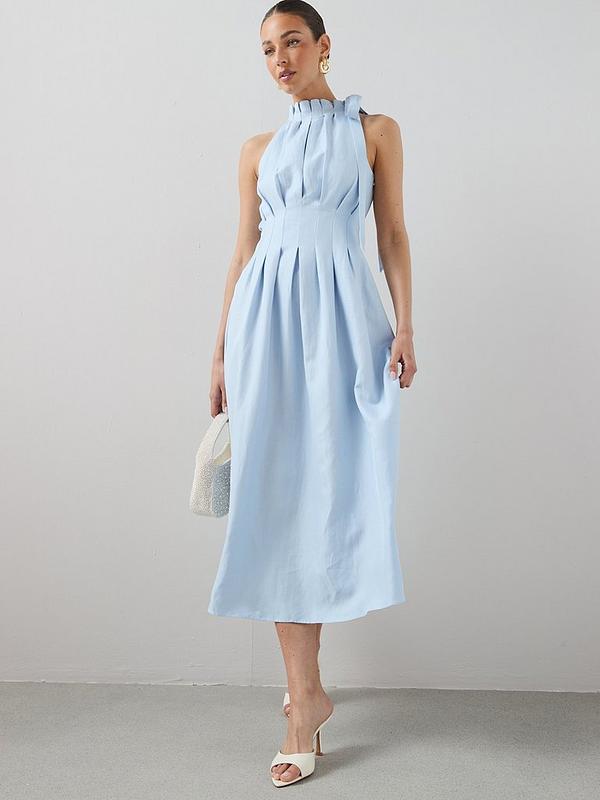High Neck Pleat Detail Sleeveless Midaxi Dress - Blue