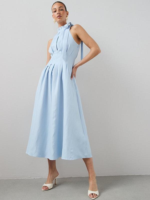 High Neck Pleat Detail Sleeveless Midaxi Dress - Blue