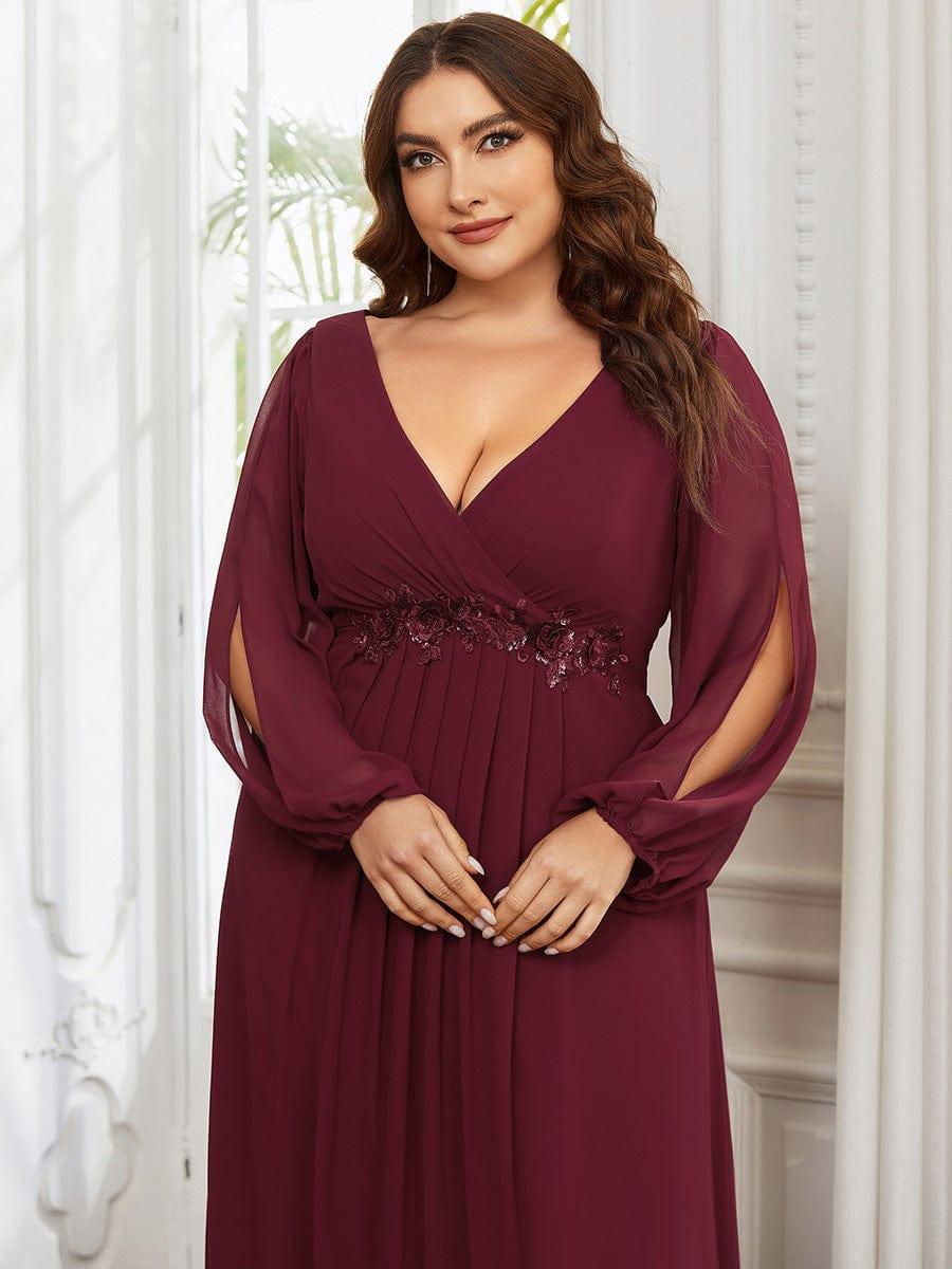 ever AMOUR|Robe de Soiree Longue Elegante Avec Lanterne en V Profond a Manches Fendues et Appliques