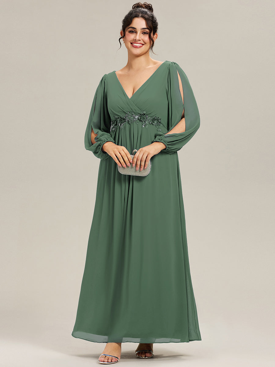 ever AMOUR|Robe de Soiree Longue Elegante Avec Lanterne en V Profond a Manches Fendues et Appliques