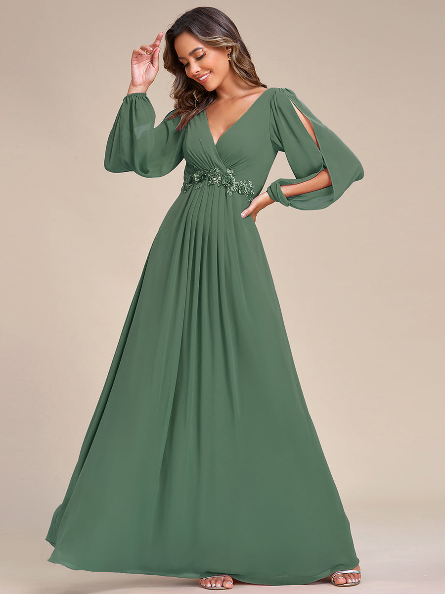 ever AMOUR|Robe de Soiree Longue Elegante Avec Lanterne en V Profond a Manches Fendues et Appliques