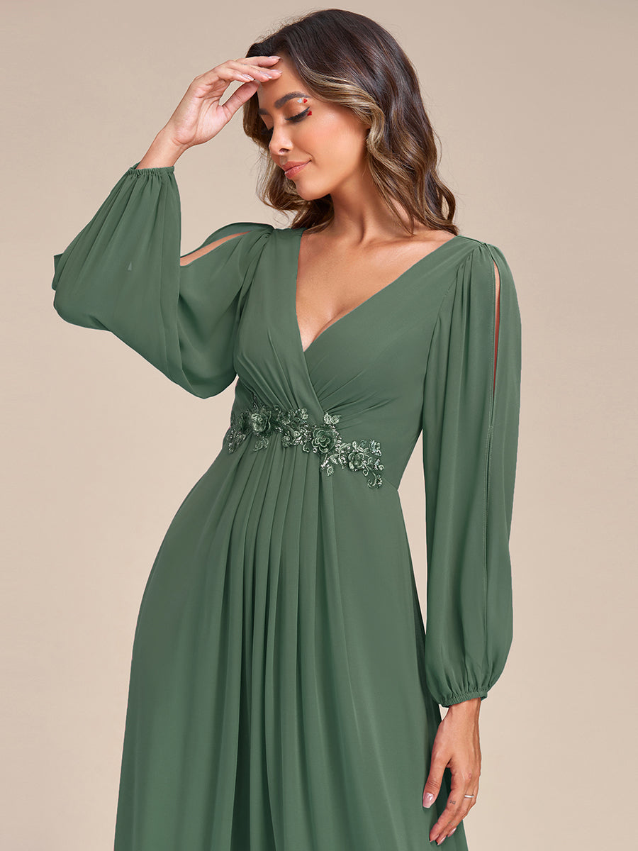 ever AMOUR|Robe de Soiree Longue Elegante Avec Lanterne en V Profond a Manches Fendues et Appliques