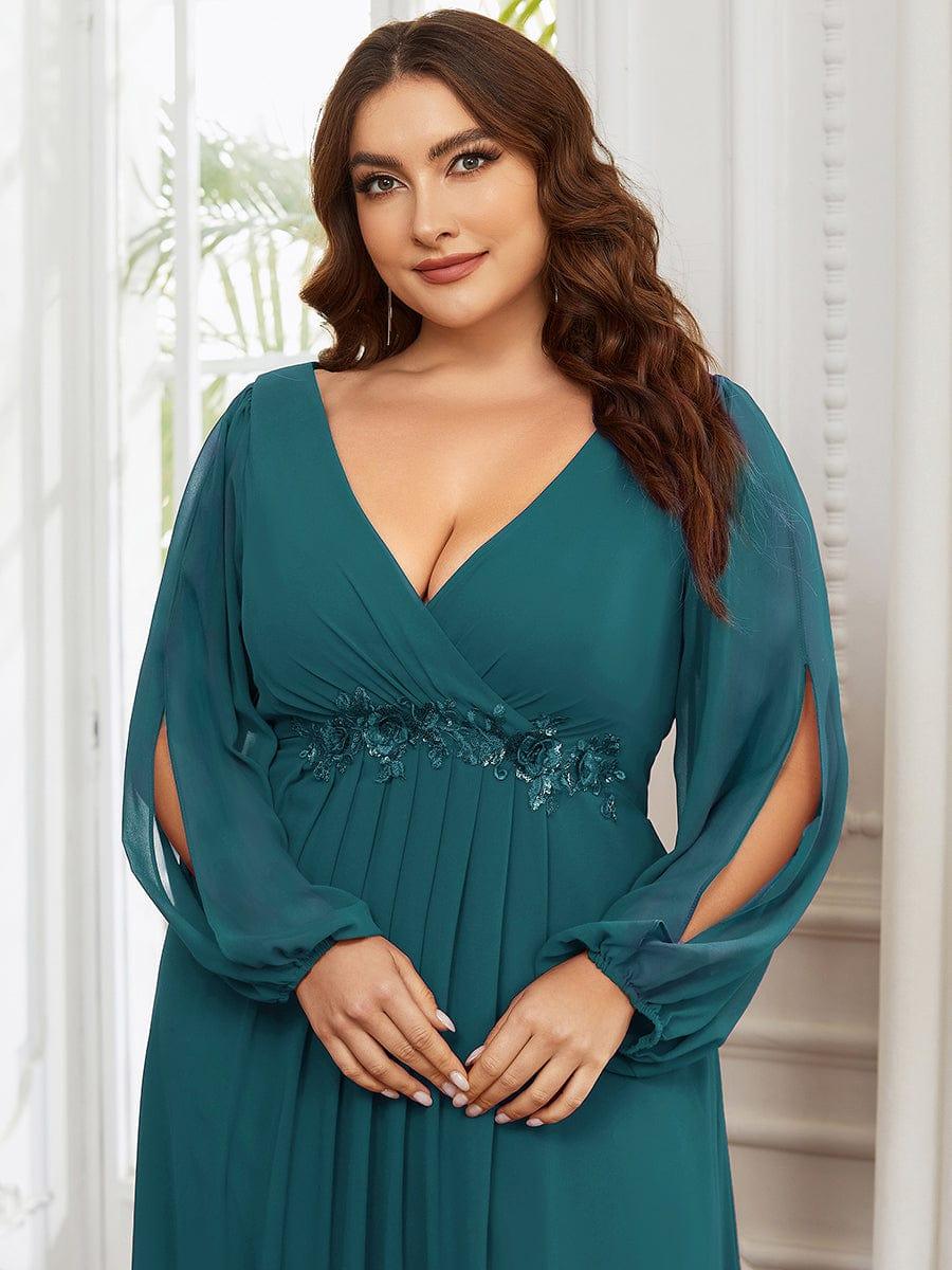 ever AMOUR|Robe de Soiree Longue Elegante Avec Lanterne en V Profond a Manches Fendues et Appliques