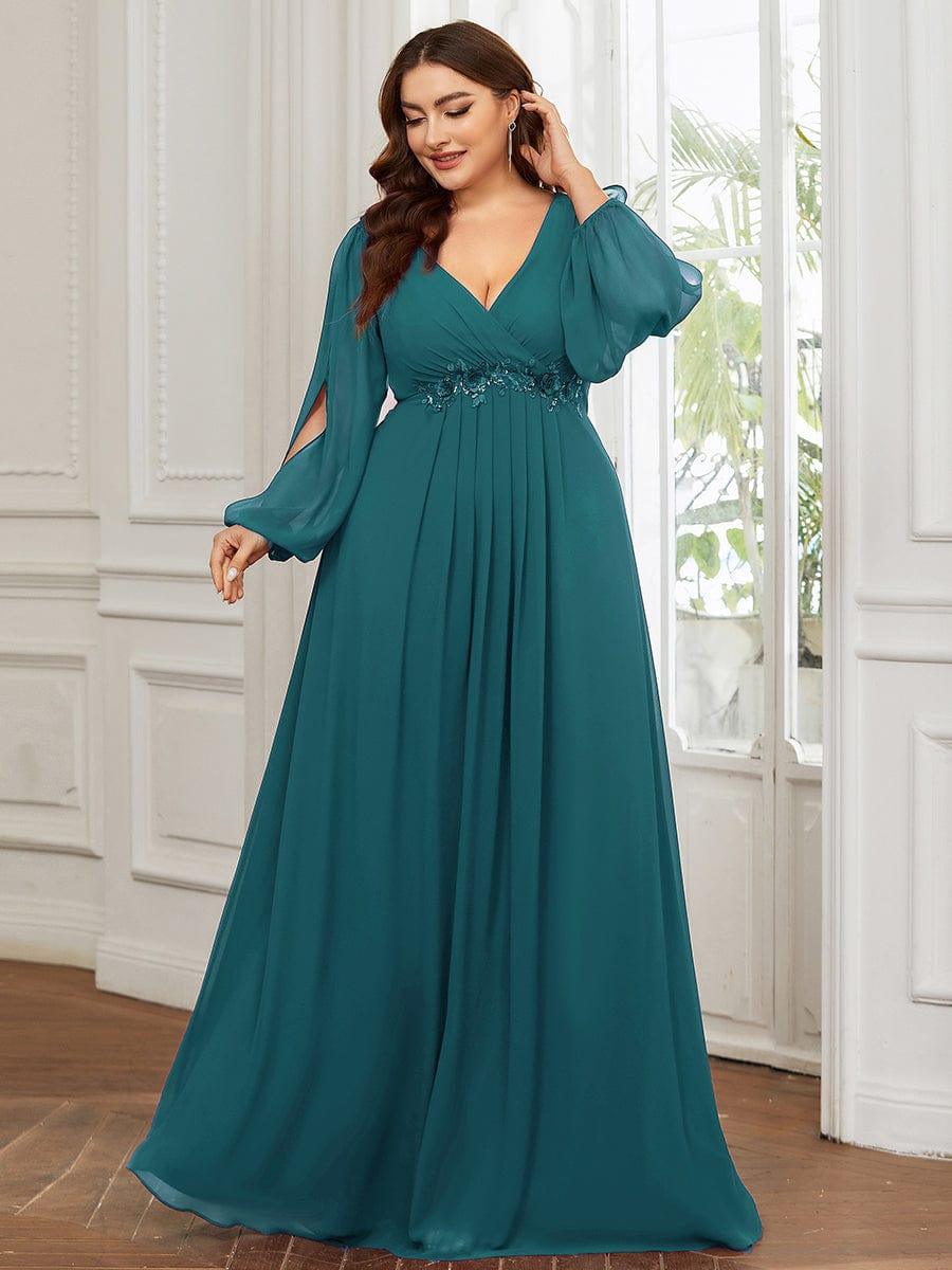 ever AMOUR|Robe de Soiree Longue Elegante Avec Lanterne en V Profond a Manches Fendues et Appliques