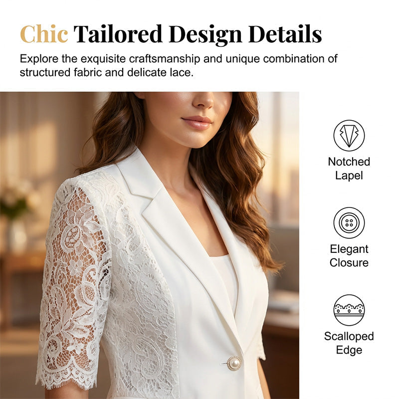 🤵♀️ LIMITED-TIME 50% OFF! ✨ White Lace Blazer – Slim Fit, 3/4 Sleeve, Elegant Transition 👑