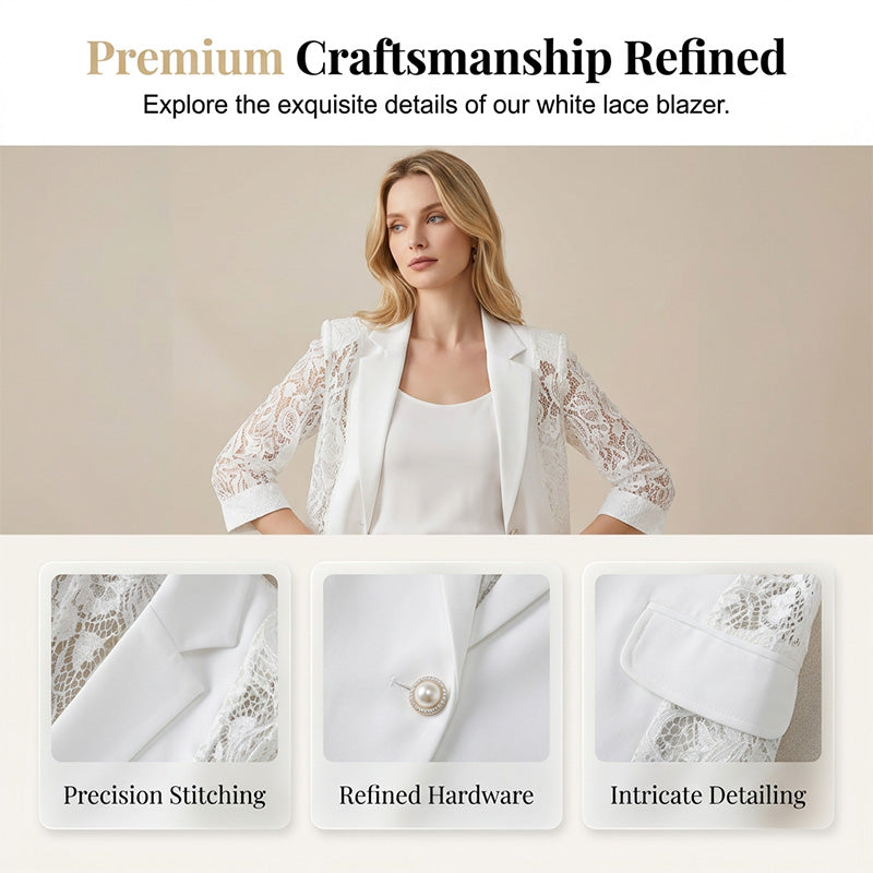 🤵♀️ LIMITED-TIME 50% OFF! ✨ White Lace Blazer – Slim Fit, 3/4 Sleeve, Elegant Transition 👑