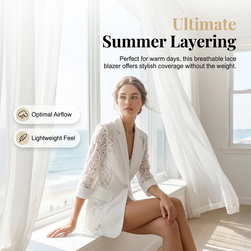 🤵♀️ LIMITED-TIME 50% OFF! ✨ White Lace Blazer – Slim Fit, 3/4 Sleeve, Elegant Transition 👑