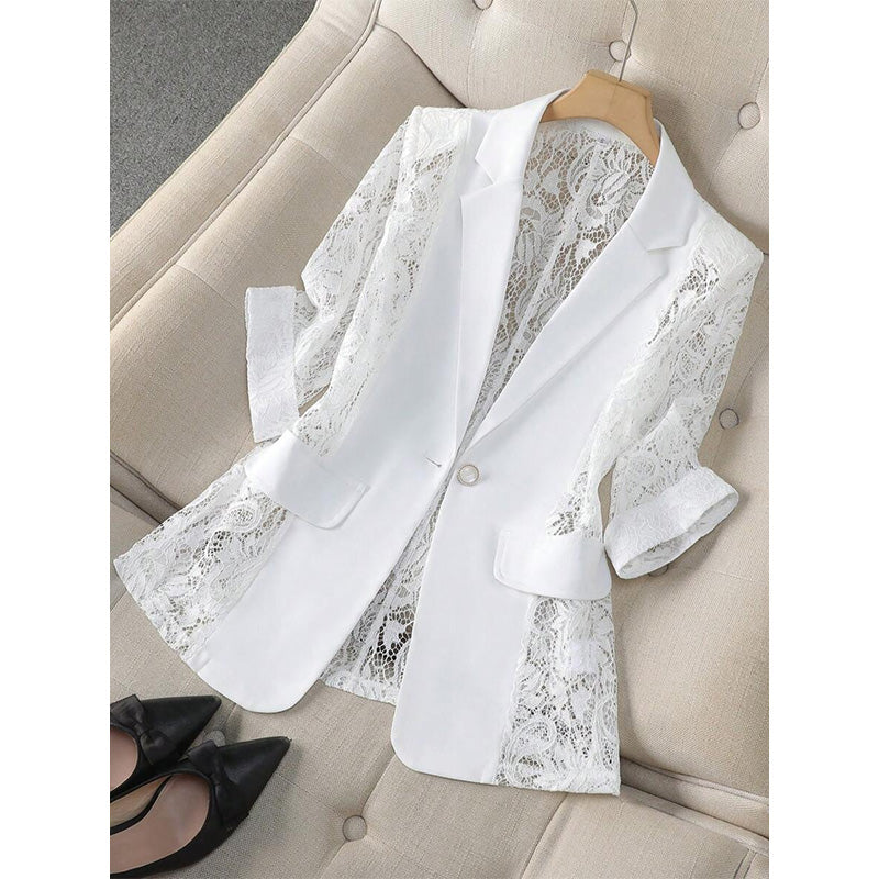 🤵♀️ LIMITED-TIME 50% OFF! ✨ White Lace Blazer – Slim Fit, 3/4 Sleeve, Elegant Transition 👑