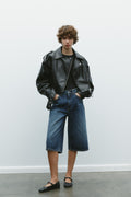 LEATHER EFFECT CROPPED BIKER JACKET