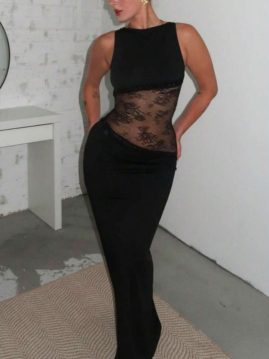 Women Summer Sleeveless Hollow Out Backless Mesh Patchwork Long Dress Bodycon Sexy Party Dress