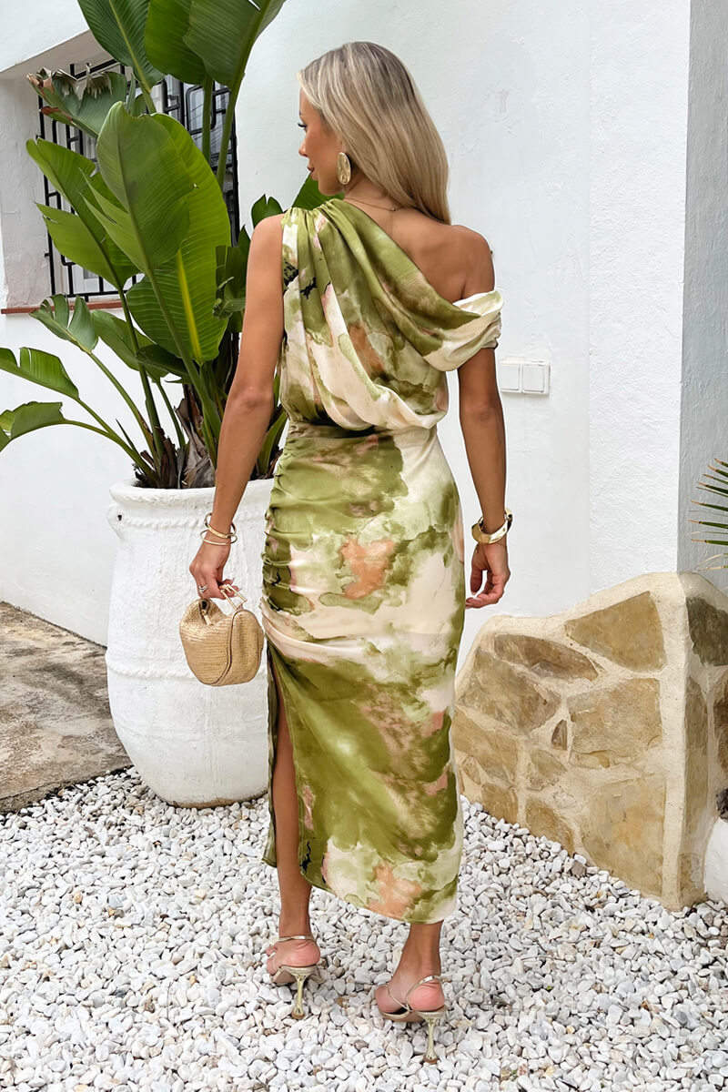 Lime Marble Print Off The Shoulder Midi Dress
