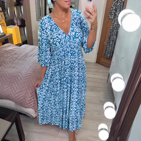 V-neck waist wrap long dress
