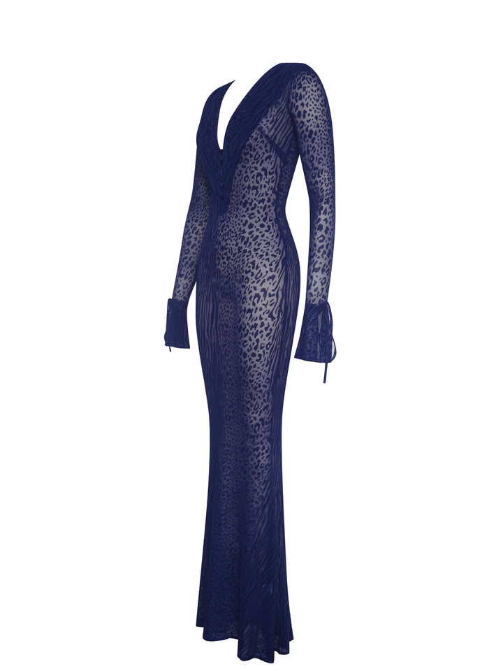 Ilyse Navy V-Neck Plunge Animal Print Mermaid Hem Maxi Dress