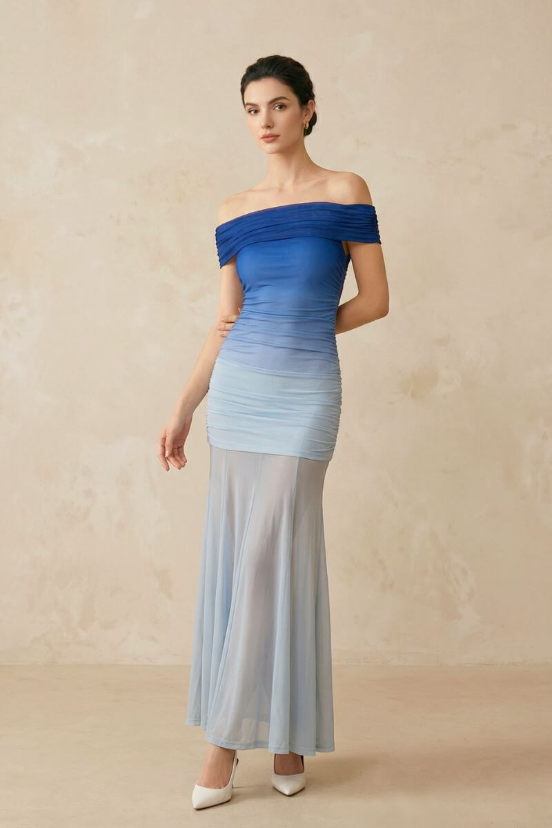 Horizon Blue Ombre Tulle Maxi Dress