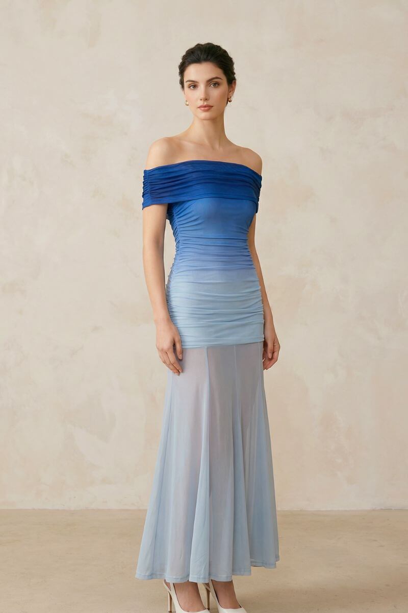 Horizon Blue Ombre Tulle Maxi Dress