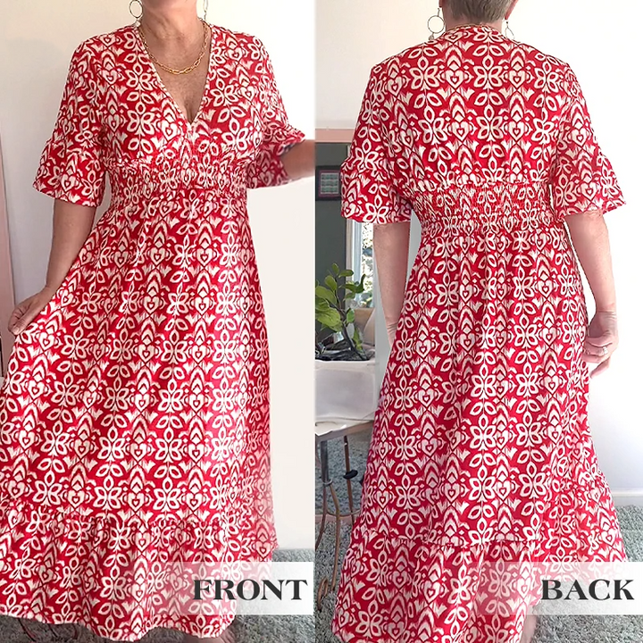 V-neck waist wrap long dress
