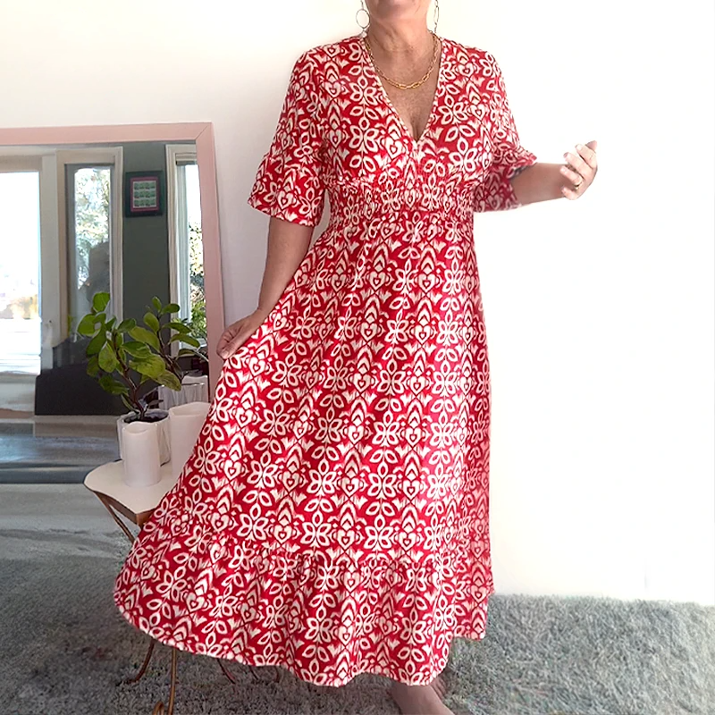 V-neck waist wrap long dress