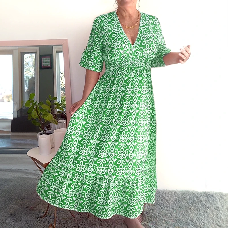 V-neck waist wrap long dress