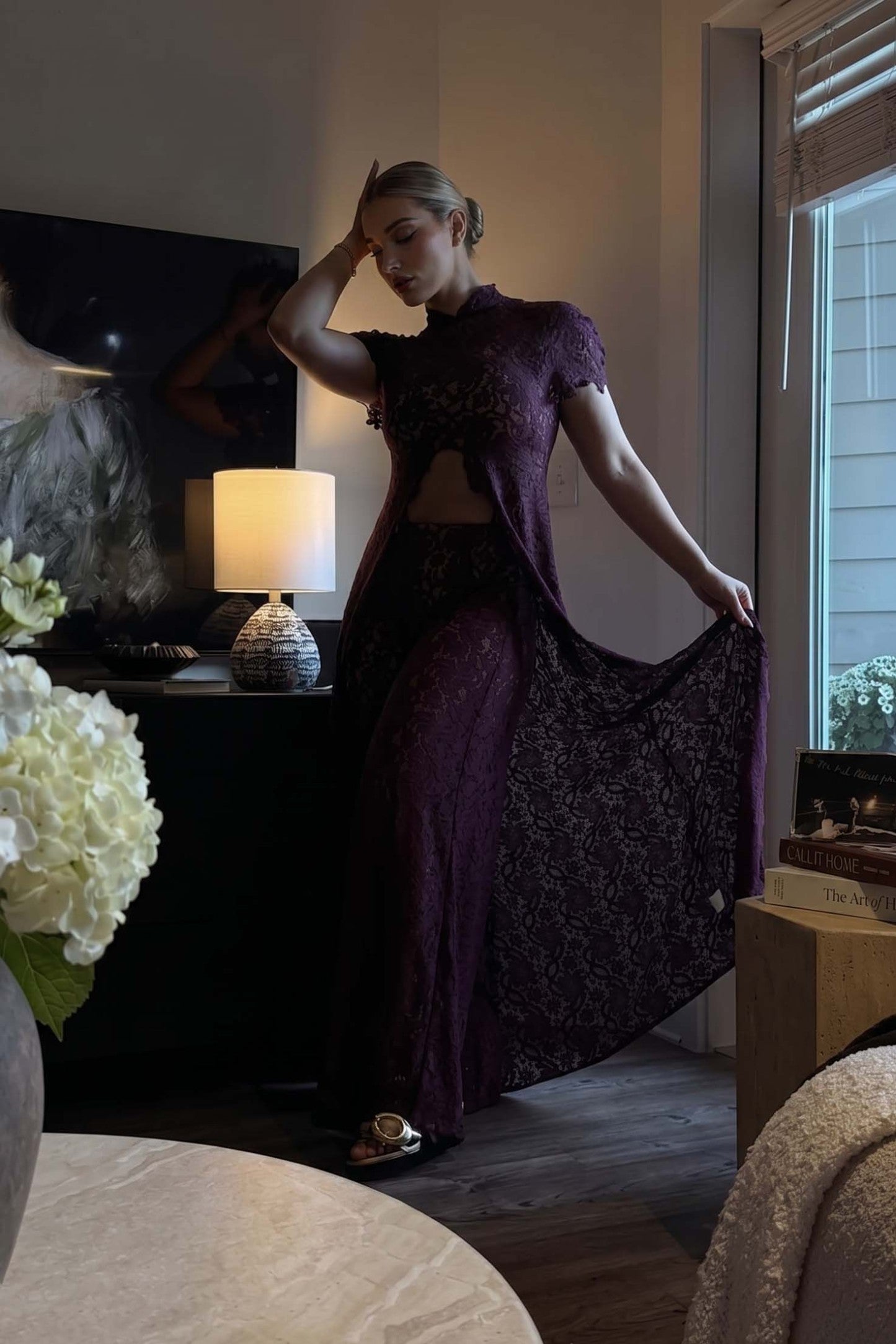 Lace Long-sleeved Top And Wide-leg Pants Set（Headscarf Not Included）