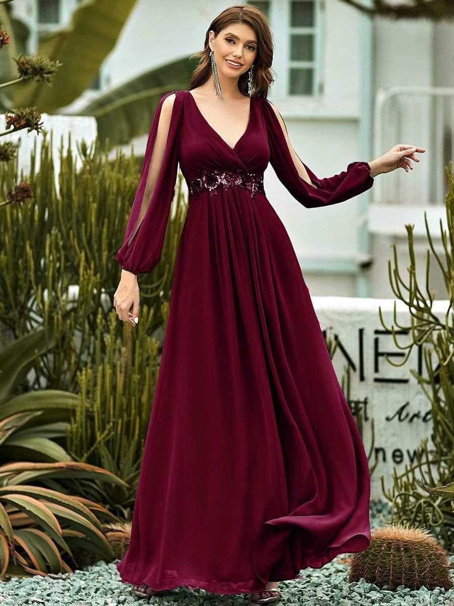 ever AMOUR|Robe de Soiree Longue Elegante Avec Lanterne en V Profond a Manches Fendues et Appliques
