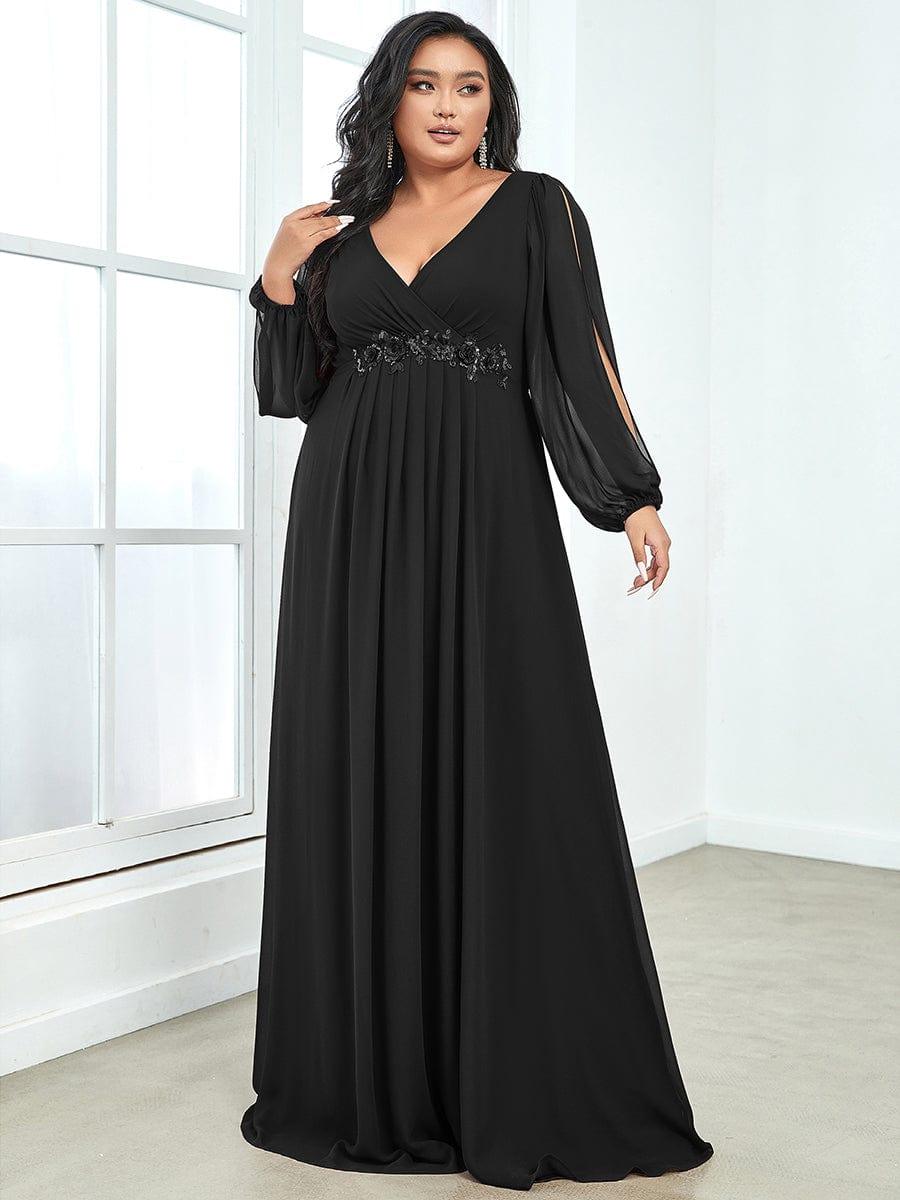 ever AMOUR|Robe de Soiree Longue Elegante Avec Lanterne en V Profond a Manches Fendues et Appliques