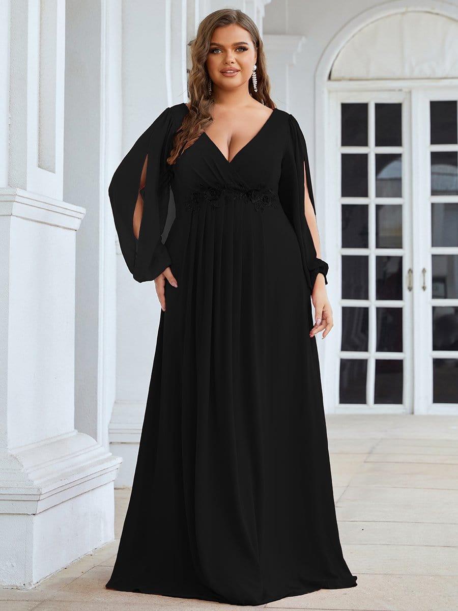ever AMOUR|Robe de Soiree Longue Elegante Avec Lanterne en V Profond a Manches Fendues et Appliques