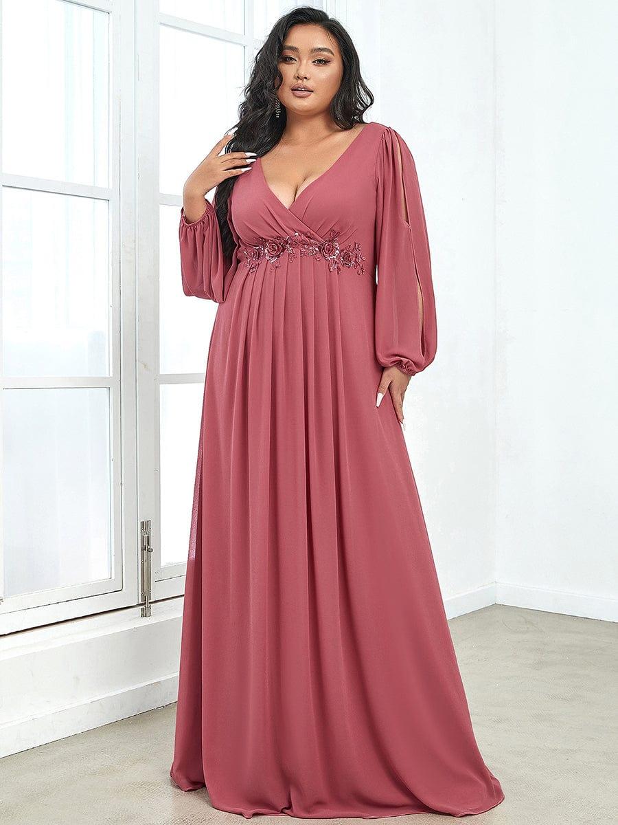 ever AMOUR|Robe de Soiree Longue Elegante Avec Lanterne en V Profond a Manches Fendues et Appliques